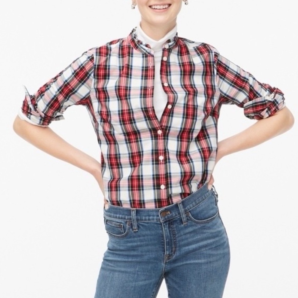 J Crew Tartan Plaid Front Button Ruffle Neck Flannel Blouse - size L- NWT